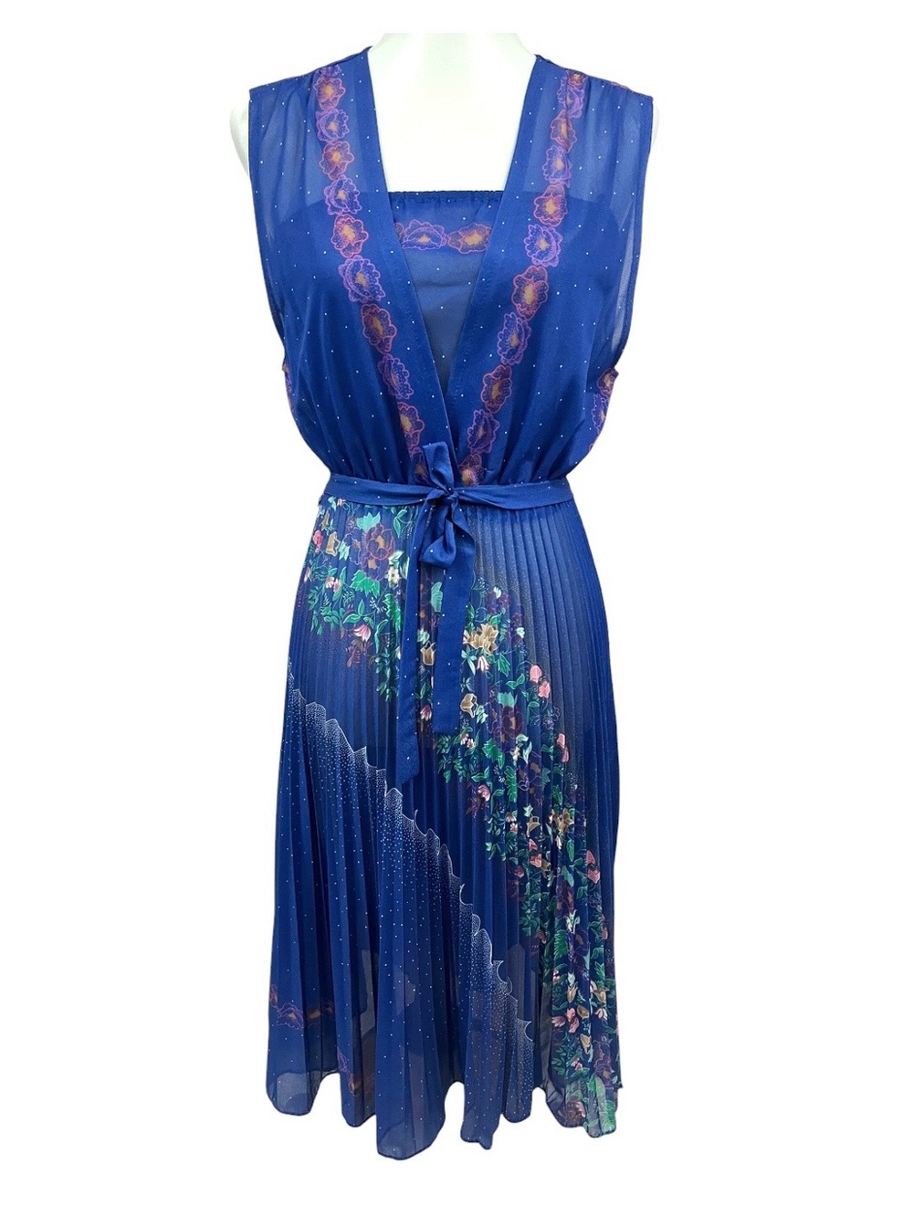 Vintage 70s Blue Faux Wrap Floral Pleated Belted Midi Dress